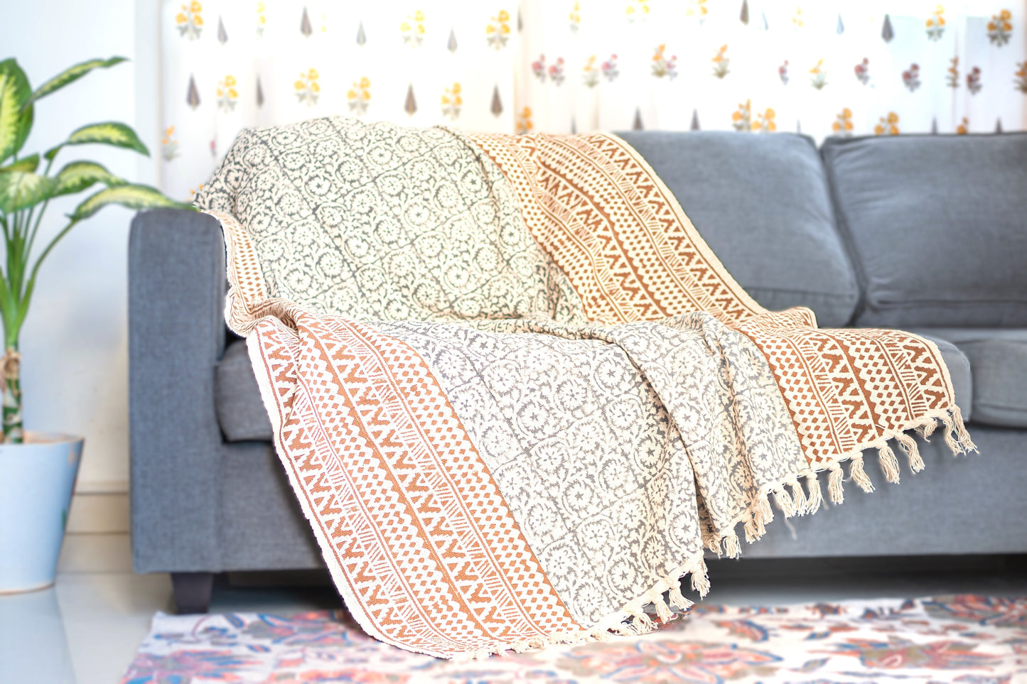 Beige Patterned Organic Jute Cotton Handblock Print Handwoven Sofa Throw