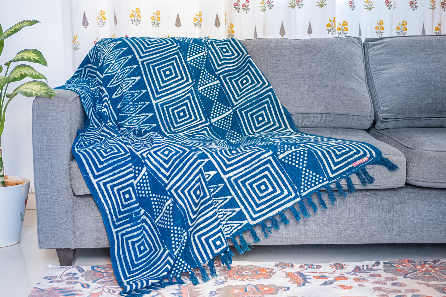 Indigo Geometrical Organic Jute Cotton Handblock Print Handwoven Sofa Throw