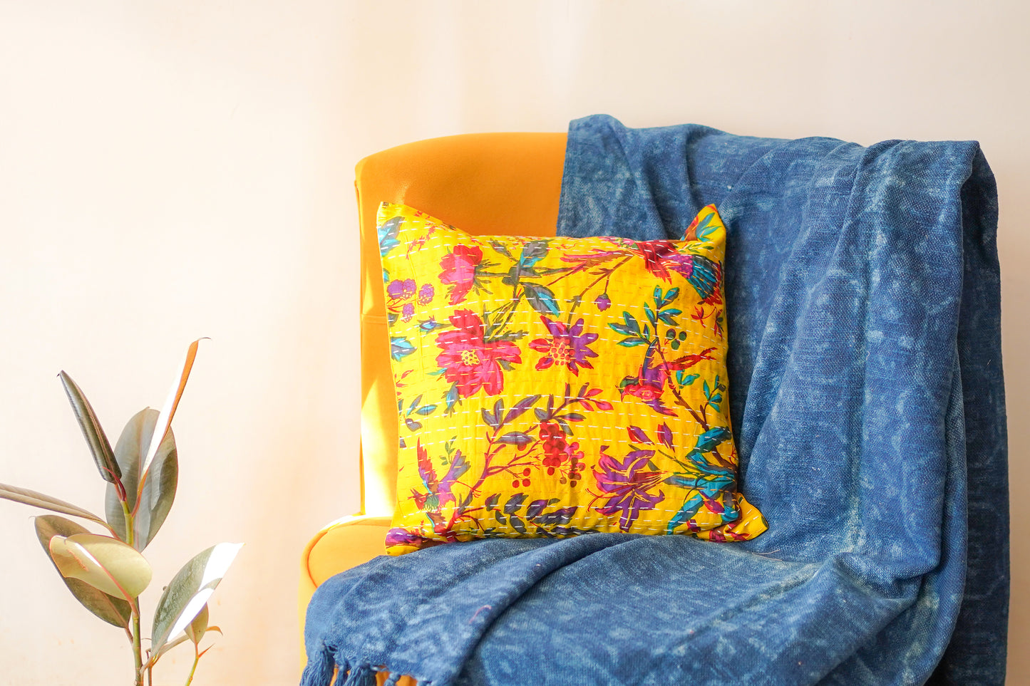 Blue Yellow Floral Kantha Cushion Covers | 16 x 16 inches ( Pack Of 2)