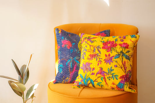 Blue Yellow Floral Kantha Cushion Covers | 16 x 16 inches ( Pack Of 2)