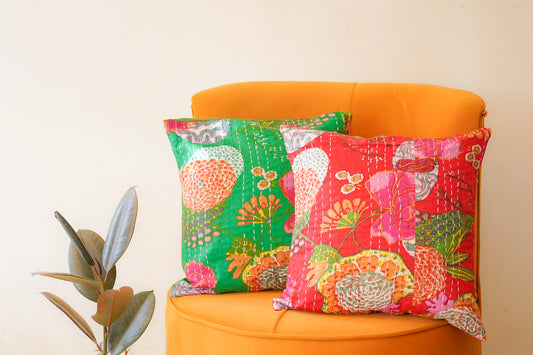 Green Red Floral Kantha Cushion Covers | 16 x 16 inches ( Pack Of 2)