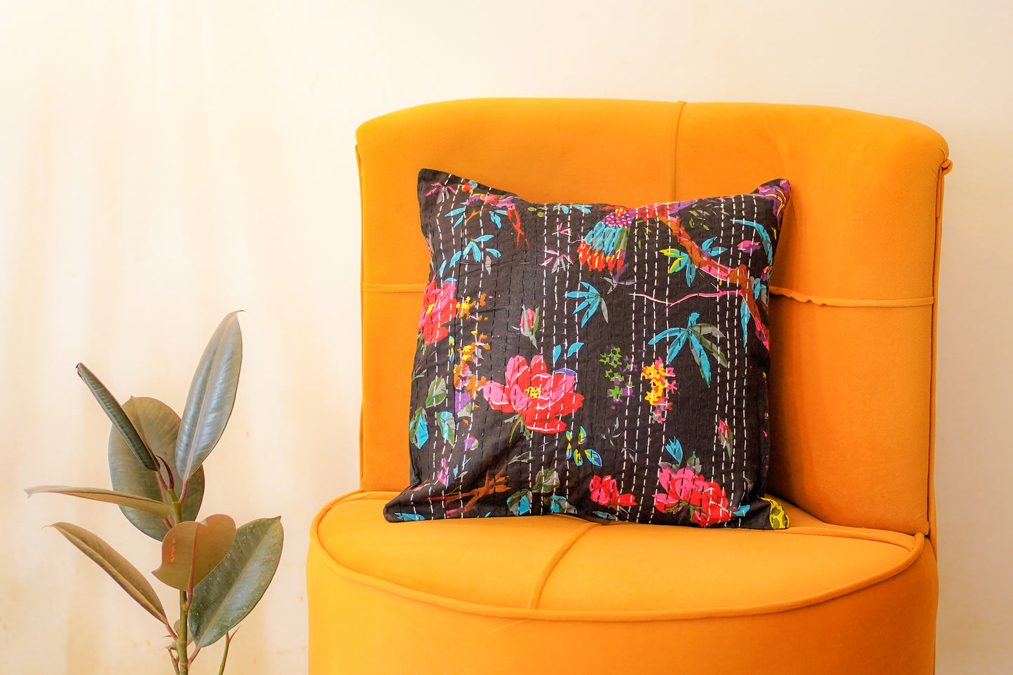 Black & Orange Floral Kantha Cushion Covers | 16 x 16 inches ( Pack Of 2)