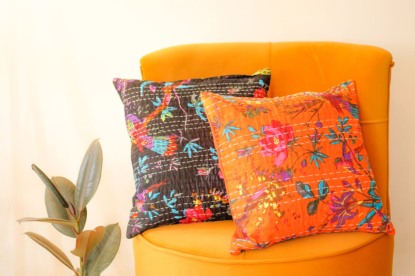 Black & Orange Floral Kantha Cushion Covers | 16 x 16 inches ( Pack Of 2)